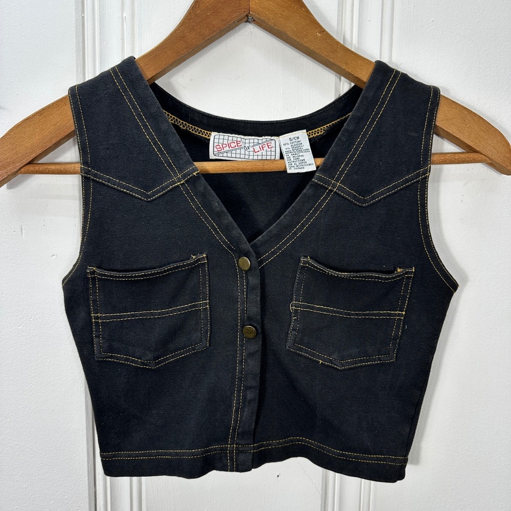 Vintage 90s Spice of Life Black Crop Vest Top S Contrast Stitch Snap Front
